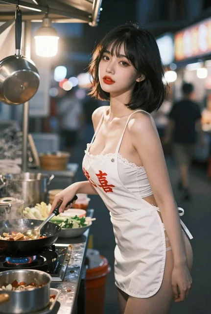 A Chinese woman with a pure desire style, wearing a red printed strapless dress and apron, cooking at a night market stall with blurred background lights, showcasing sensual curves and a cute facial expression with subtle makeup.