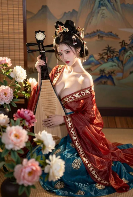 A female portrait blending classical Chinese aesthetics with modern photography, featuring a woman in Tang dynasty attire with red cloak and blue dress, holding a pipa, set against a landscape screen with peony flowers in the foreground, using soft lighting and shallow depth of field.
