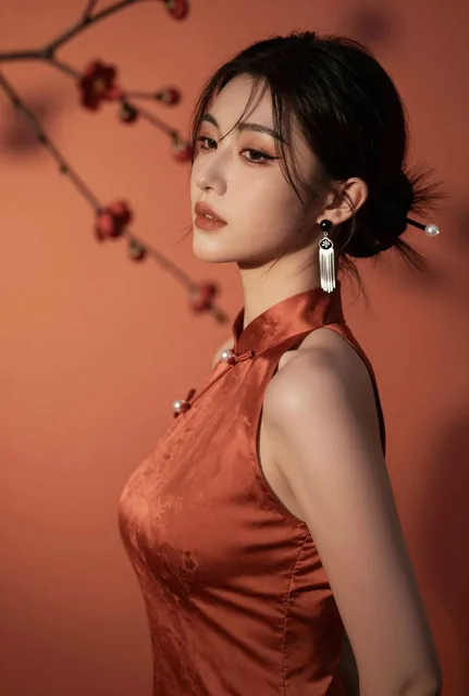 A portrait of an elegant East Asian woman in a coral orange qipao, with soft warm lighting highlighting her features against a blurred background of plum blossom patterns, capturing a blend of classical and modern aesthetics.