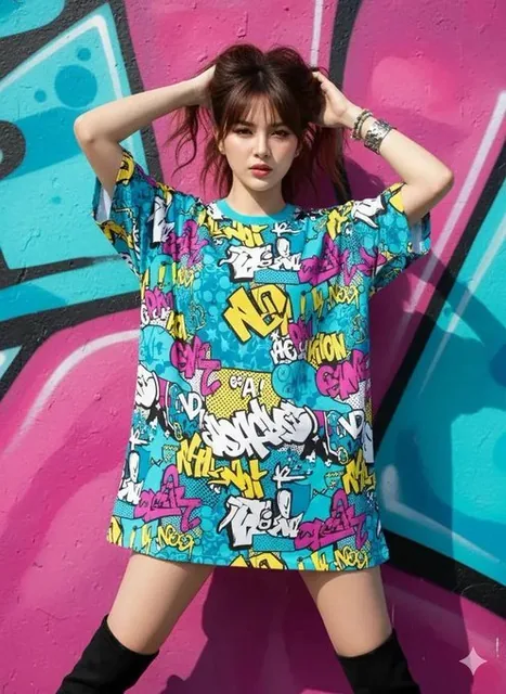 A realistic photo edit of a young Asian woman with long dark brown hair in a messy ponytail, wearing a bright oversized t-shirt with abstract graffiti design, posing confidently in front of a colorful mural wall.