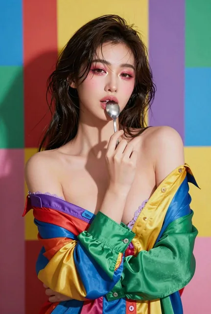 A visually striking female portrait in pure seductive style, featuring a woman with a spoon near her lips against a colorful mosaic background, blending playful and mysterious contemporary aesthetics with expert lighting and composition.