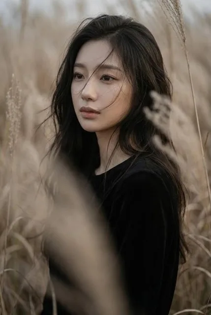 A moody cinematic portrait of a young woman in a beige dry grass field, with soft lighting, shallow depth of focus, and a melancholic expression, wearing a black dress against an earthy color palette.