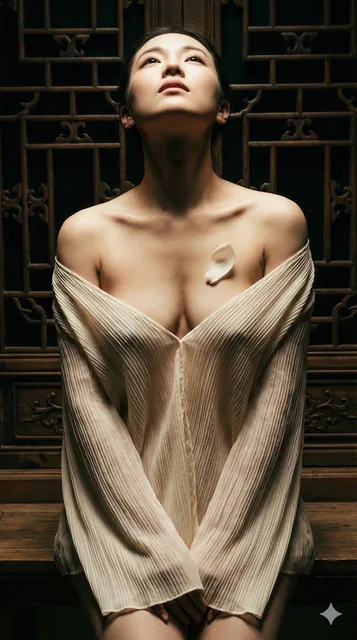 A fine art portrait in New Chinese style featuring a woman in a translucent silk-chiffon Hanfu top, with top-down hard lighting creating high contrast and chiaroscuro effects, highlighting her bare shoulders and upper breasts against a traditional wooden lattice background.