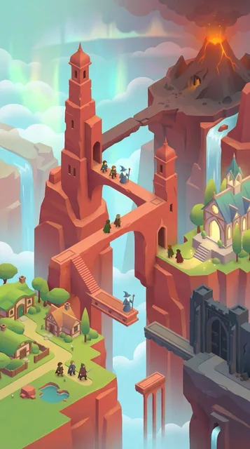 A vivid wallpaper in Monument Valley style featuring a vast isometric scene with a breathing background, smooth render, and no text, designed for a story journey with web grounding reference.