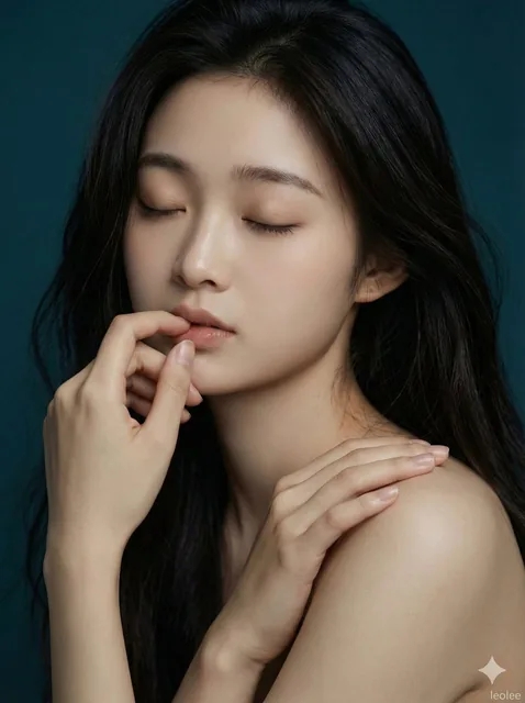 A hyper-realistic 8K portrait of a woman in a soft, intimate pose with closed eyes, featuring delicate hand gestures, long flowing hair, muted warm skin tones against a teal backdrop, and cinematic shadows under diffused studio lighting.