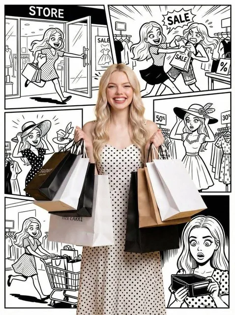 A photorealistic woman in a polka dot dress holds shopping bags with a happy expression, seamlessly integrated into a detailed black-and-white comic strip background depicting her cartoon version in multiple panels showing shopping adventures.