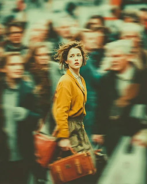 A cinematic portrait of a young woman with short windswept hair, wearing a mustard yellow coat and vintage brown leather bags, standing still in a fast-moving crowd with motion blur, looking upward with a soft anxious expression, set in a busy public space with dramatic lighting and a teal-and-orang