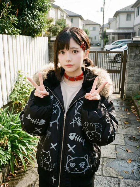 A cosplay of Kobeni Higashiyama from Chainsaw Man, featuring a young girl in a black fluffy jacket with doodle patterns, wearing a red collar and cross earrings, standing in a residential area with white fences and green plants under sunny daylight.