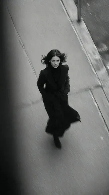 High-resolution black and white street photograph from above, showing a young woman with dark hair walking down a street in a black coat, hair and fabric flowing dynamically in the