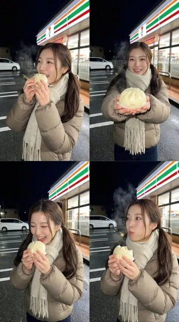 A photorealistic 2x2 grid image of a Japanese woman holding a nikuman in a 7-Eleven parking lot at night, with each frame showing different compositions and angles, featuring direct flash lighting and visible breath in cold weather.