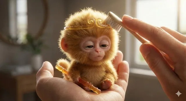 A hyper-realistic macro photograph of a tiny, fluffy baby creature sitting in a human palm, with a hand gently combing its fur using a toothbrush, featuring rim lighting and a sunlit indoor setting in Nano Banana Pro style.