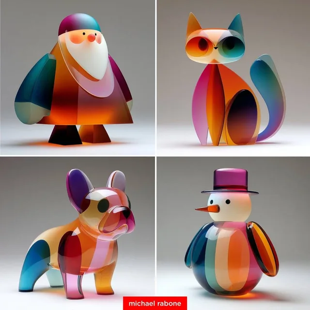 A minimalist sculpture of a French Bulldog made from frosted glass and acrylic, featuring rounded forms, vibrant layered colored gradients, and illuminated by studio lighting in a clean setting.