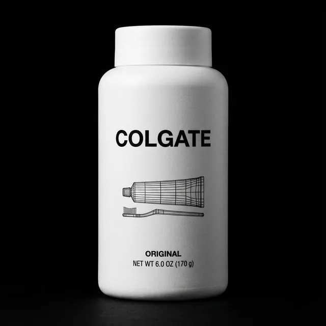 A minimalist monochromatic product container in matte white material with black text, set against a pure black studio background, featuring Helvetica Bold typography and fine-line logo outlines.