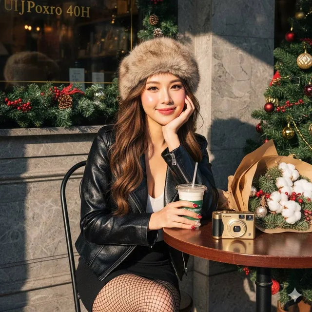 A hyper-realistic portrait of a cute Asian woman sitting at a dark wooden table in front of a vintage-style café with a Christmas theme. She wears a shiny black leather jacket, black mini-skirt, fishnet stockings, and a fluffy fur hat, with long dark-brown hair and Douyin/Korean makeup. The scene in