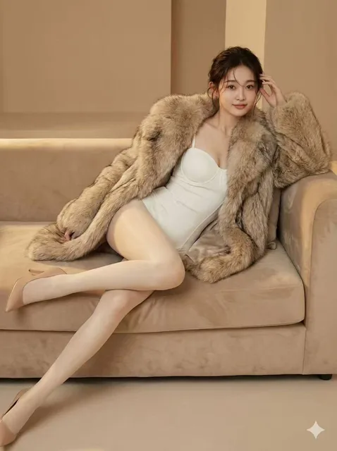 A woman reclining on a beige sofa in a modern interior, wearing a white strapless bodysuit, sheer ivory tights, and a voluminous natural fur coat draped over her shoulders, with warm diffused lighting creating a soft glow on her skin and fabric, exuding elegant glamour and calm confidence.
