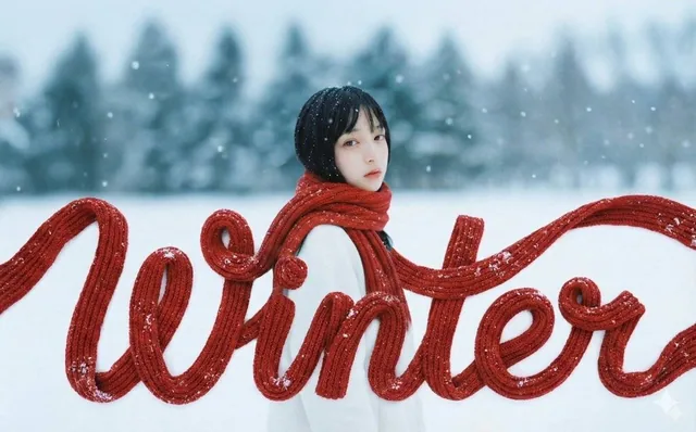 A creative image showing a long scarf arranged to form the Chinese characters for 'winter' against a winter-themed background, with snow and cold elements.