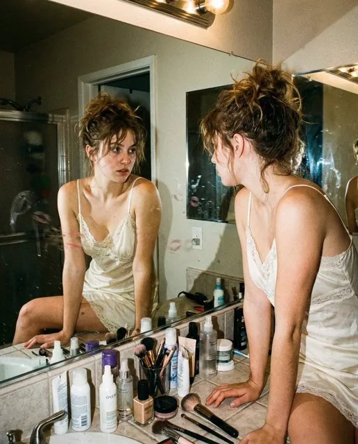 A raw candid flash-style mirror photograph of a young woman in her early 20s, seated on a bathroom vanity counter, wearing a vintage silk slip dress, with a detached cool expression, in a cluttered tiled bathroom with direct flash lighting and film grain.