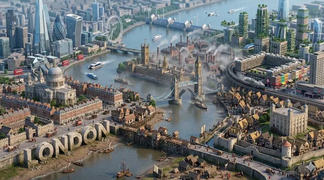 A frameless isometric landscape showing the historical evolution of Paris, from ancient terrain at the bottom to a futuristic skyline at the top, with 3D text 'Paris' and evolving transport and clothing styles.