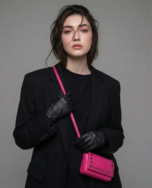 A photorealistic 8K portrait of a female model with a cold, strange expression, wearing a black oversized blazer and glossy plastic gloves, holding a hot pink stud clutch bag in a high-fashion studio with soft grey backdrop.