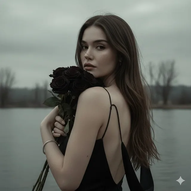 A cinematic portrait of a woman with pale skin, based on a reference photo, her face unchanged. She stands with her back to the camera, turning her head over her shoulder with a melancholic gaze, holding black roses near her face, wearing a black backless top, against a moody lakeside background und