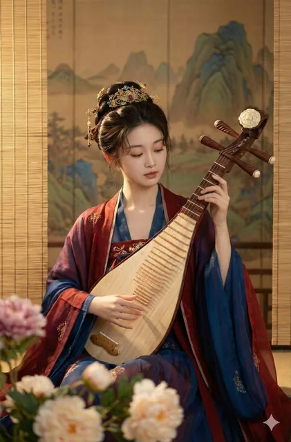 A Tang Dynasty classical female portrait with facial features matching the reference image, featuring a woman playing the pipa in a luxurious setting with wine red and sapphire blue tones, silk clothing, golden crown, and a background of landscape screen and peonies, captured with soft lighting and
