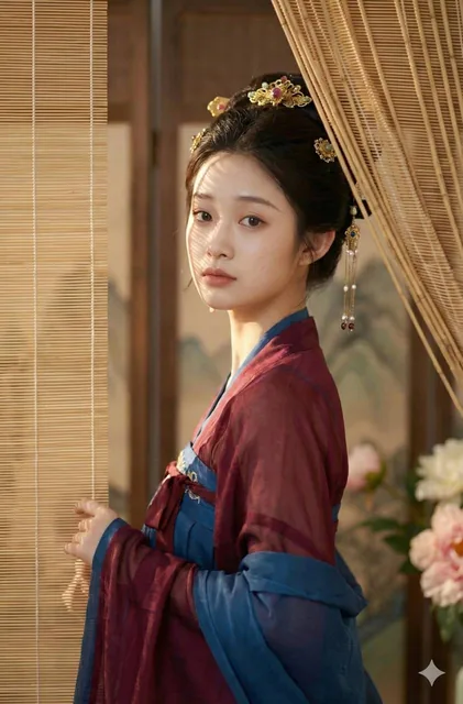 A Tang Dynasty classical female portrait with a glance, featuring soft lighting, shallow depth of field, and elegant details like a red cloak and bamboo curtain background, in 8K quality.