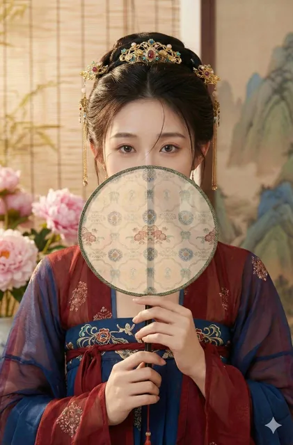 A Tang Dynasty classical female portrait with facial features 100% matching the reference image, featuring a woman holding a fan that covers below her nose, wearing a silk and gauze outfit in wine red and sapphire blue with a golden headdress, set against a background of a landscape screen, peonies,
