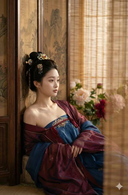 A Tang Dynasty classical female portrait with facial features matching the reference image, featuring a pure yet sensual aesthetic in wine red and sapphire blue tones, adorned with a golden crown and silk clothing, set against a background of landscape screen, peonies, and bamboo blinds, captured wi