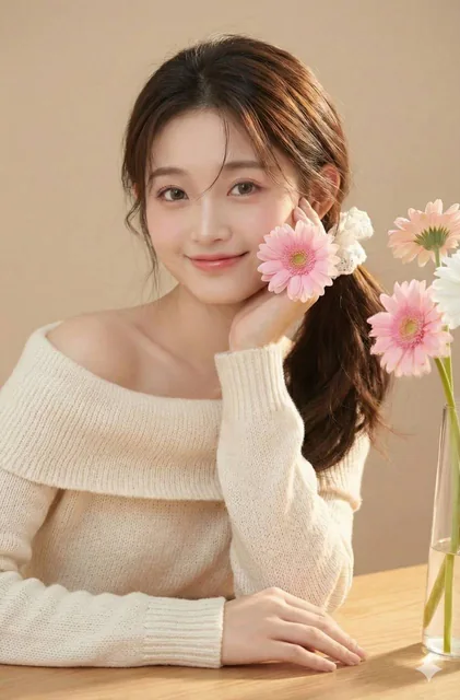 A soft Japanese-style art photo featuring a woman with a low side ponytail tied with a white lace hairband, wearing a beige off-shoulder knit sweater and natural pink makeup. She holds a pink gerbera near her right cheek, smiles at the camera, with soft warm side lighting creating a dreamy atmospher