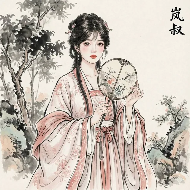 An elegant ancient Chinese lady holding a round fan, depicted in a traditional ink wash painting style with delicate brushstrokes and subtle colors, referencing uploaded image for facial features.