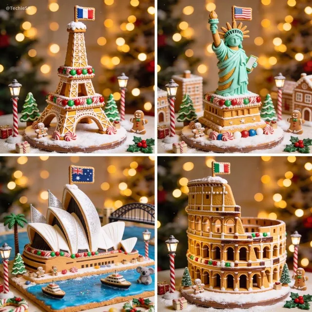 A hyper-realistic photograph of a landmark made entirely from gingerbread and festive icing, featuring golden-brown panels with royal icing details, colorful candies, candy canes, and sugar pearls, set on a cake board with powdered sugar snow and surrounded by mini gingerbread trees and decorations