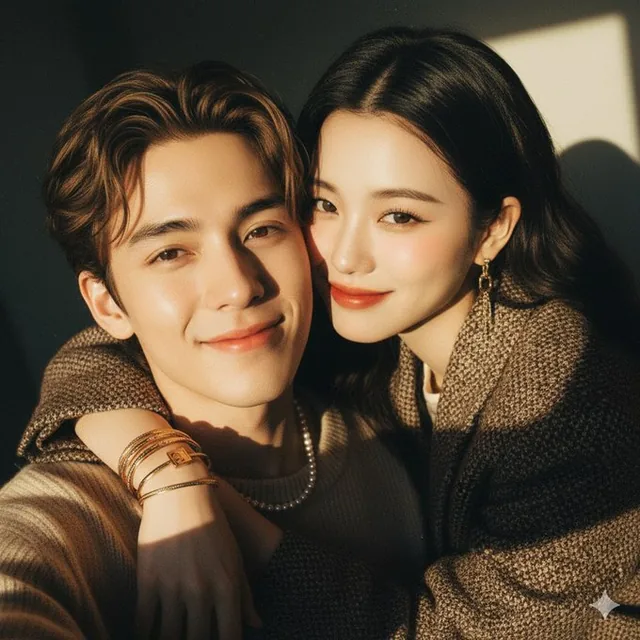 A high-angle close-up selfie of a handsome young man in a beige sweater and a beautiful woman with long dark hair in a brown tweed jacket, captured with direct flash, warm lighting, film grain, and a 90s disposable camera aesthetic.