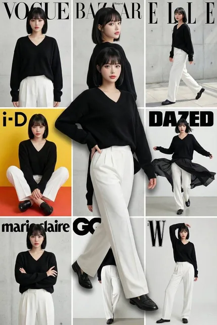 A surreal fashion editorial collage featuring a 3x3 grid of eight clear lifestyle poses of a Chinese/Korean model, overlaid by a massive hyperrealistic full-body shot of the same model walking forward, with distinct white grid lines and bright minimalist studio lighting.