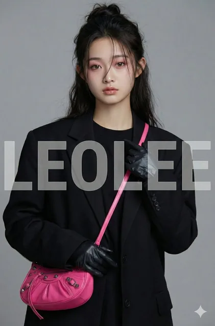A high-fashion editorial studio portrait of a young woman with long messy hair, wearing a black oversized blazer and top, black plastic gloves, and a hot-pink Balenciaga clutch, with a cold expression and transparent 'LEOLEE' text in front, set against a plain grey background with soft lighting.