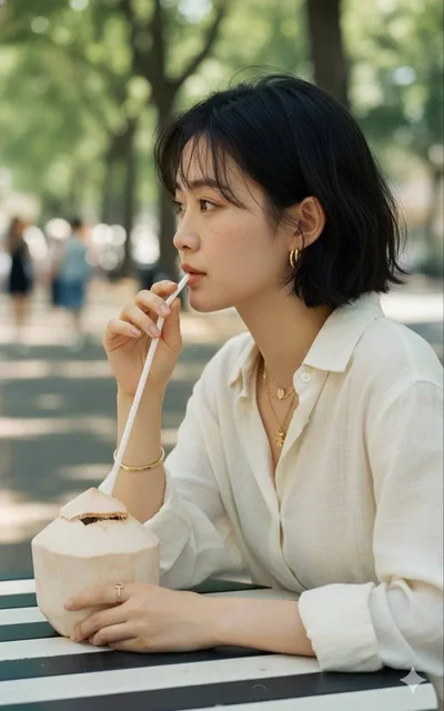 A 20-year-old East Asian woman sits sideways at an outdoor street table, holding a white straw with her lips and a coconut bottle, wearing a beige linen shirt and gold jewelry, with natural freckles and relaxed expression, in a blurred summer street scene with soft lighting and film grain effect.
