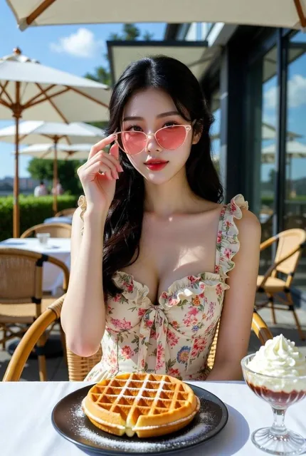A photorealistic portrait of a glamorous young woman with long dark wavy hair and pink-tinted cat-eye sunglasses, seated at an upscale outdoor cafe terrace during a sunny summer brunch. She wears a romantic floral-print ruffled sundress and smiles confidently, with a large golden waffle and whipped