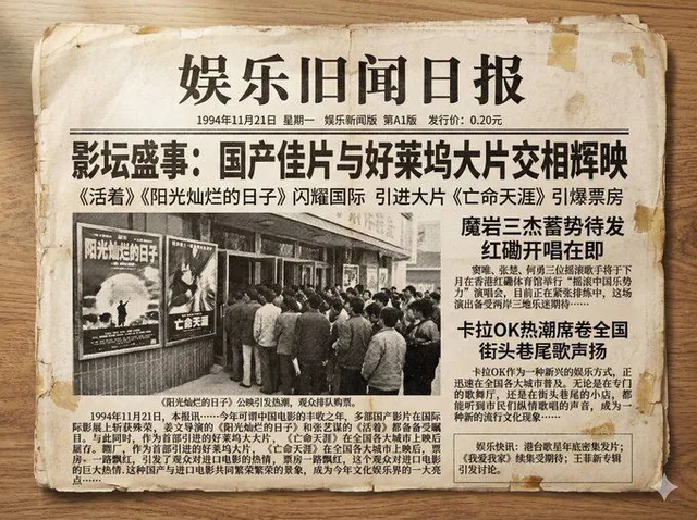 A hyper-realistic, aged front page of a Chinese entertainment newspaper dated November 21, 1994. The paper shows natural yellowing, fine paper fibers, small creases, and corner wear. The layout features traditional multi-column design with bold headlines, black and white halftone photos, and compact