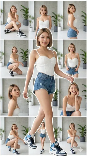 A hyper-realistic fashion editorial image featuring a 3x3 grid collage with distinct white lines in the background, overlaid by a massive, sharp full-body cut-out of a model walking forward in the center, creating a striking 3D pop-out effect in a bright minimalist studio.