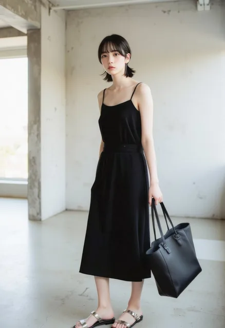 A sophisticated woman wearing a black sleeveless midi slip dress with spaghetti straps, paired with silver minimalist sandals and a structured black tote bag. Her dark brown hair is styled in a sleek low bun with a center part, embodying modern minimalist elegance.