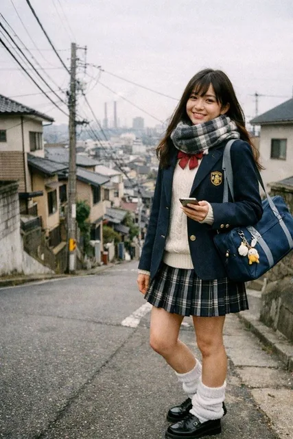 A candid lo-fi analog film photograph of a smiling Japanese high school girl standing on a sloped road in a dense urban neighborhood, wearing winter school uniform and holding a smartphone, with residential buildings and power lines in the background.