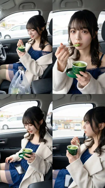A photorealistic 2x2 grid of four photos featuring the same cute Japanese idol woman seated in the front passenger seat of a parked car. Each frame shows a different composition, angle, and distance, with one frame including a smartphone on her lap. She holds a premium matcha ice cream cup, with a c