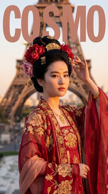 Realistic photo of a Tang Dynasty court consort with authentic facial features, wearing an ornate Tang-style ceremonial dress, standing in Paris with the Eiffel Tower in the backgr