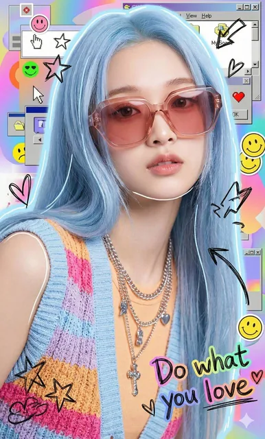 An extreme close-up, low-angle editorial portrait of a beautiful woman with long baby-blue hair and pale skin, wearing rose-tinted geometric sunglasses and a colorful ASOS knit vest. The image features a hand-drawn doodle outline, floating graphic elements like stars and hearts, and a Y2K-inspired c
