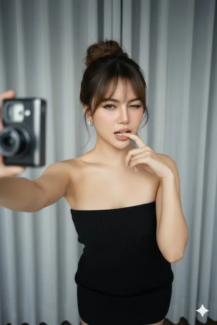 Close-up selfie portrait of a young woman with dark brown hair in a messy high bun, winking her right eye and playfully biting her index finger. She wears a black strapless knitted mini dress, diamond hoop earrings, and natural makeup with freckles, against a soft out-of-focus white-gray curtain bac