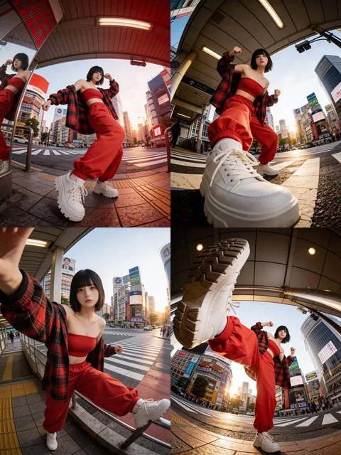 A casual streetwear outfit in a monochromatic red palette featuring a red strapless bandeau crop top, an oversized red and black plaid flannel shirt worn open, red wide-leg cargo pants with multiple pockets, and white chunky sneakers.