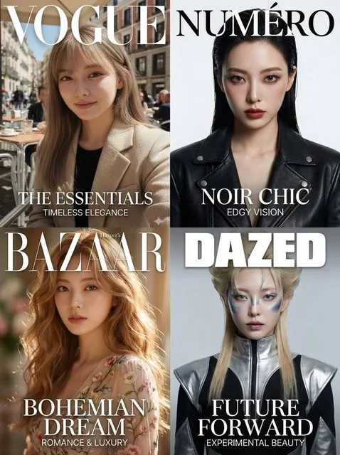 A high-fashion editorial collage featuring four premium magazine covers arranged in a clean grid layout, each showing the same face transformed with different fashion styles, moods, and aesthetics.