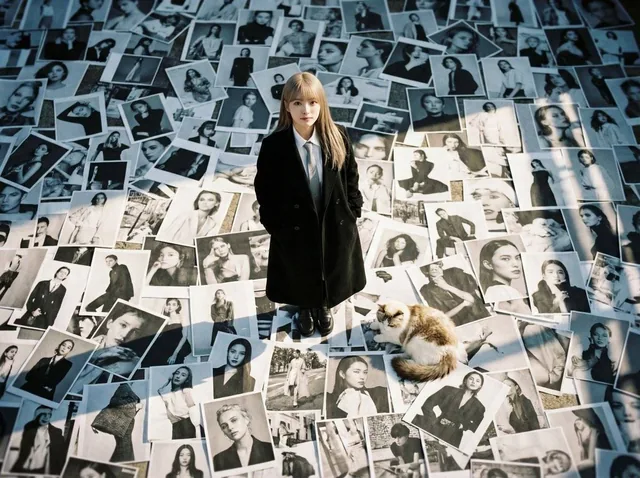 A high-resolution bird's-eye view photograph taken with a LOMO Ic-a camera, showing a ground covered with countless black-and-white billboard advertisements of fashion models, with an incredibly beautiful Japanese film actress in a long black coat standing on top of the advertisements.