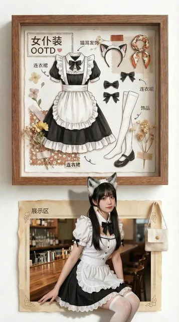A vertical split-screen creative product photo on a white wall. The top half shows a light oak shadow box displaying a garment as a museum specimen. The bottom half features a hyperrealistic model wearing the same outfit, creating a naked-eye 3D illusion as she lounges on the frame's edge.