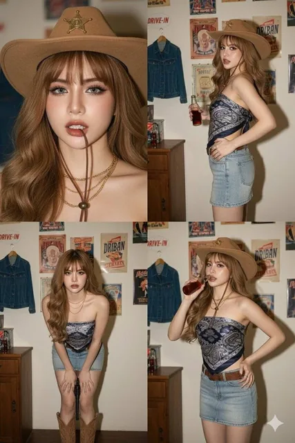 A fashion portrait of a woman in a cowboy style outfit, featuring a paisley-patterned tube top, a denim mini skirt, suede cowboy boots and hat, holding a small glass bottle with reddish liquid.
