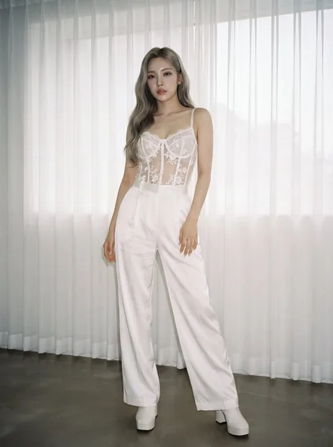 A Korean female idol in an ethereal, low-saturation film photograph. She wears an ivory sheer lace corset top and flowing white silk trousers, posing confidently with sleek platinum blonde hair and dewy K-beauty makeup in soft, diffused daylight.